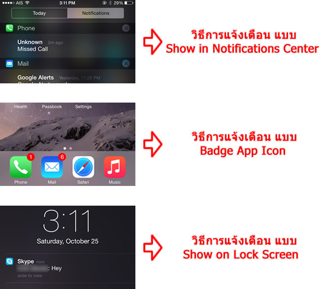 ตัวอย่างการแสดงผลการแจ้งเตือน