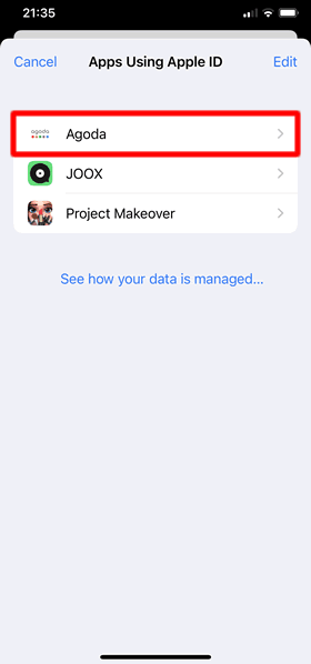 รายการแอปต่างๆที่ใช้บัญชี Apple ID จะแสดงขึ้น