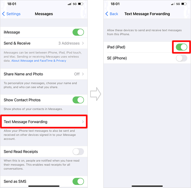 อนุญาตให้แสดงข้อความ SMS/MMS บน iPad หรือ Mac