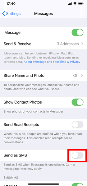 ไม่ต้องการใช้ SMS เป็นทางเลือกแทน iMessage