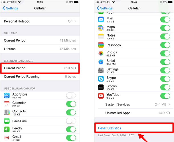check and reset cellular data
