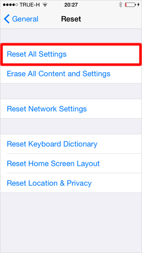 Reset all settings